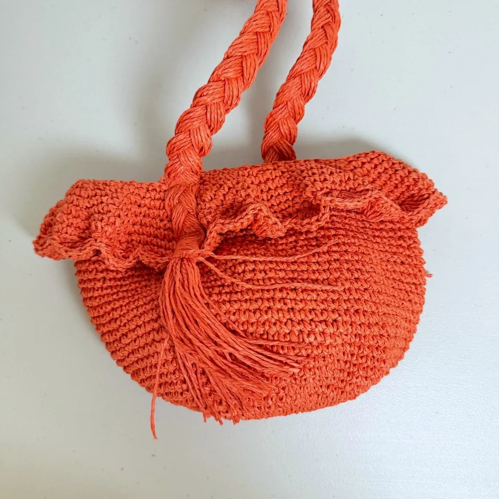 Rhode Target Orange Woven Raffia Crochet Shoulder Bag Ruffle Tassel Summer Beach